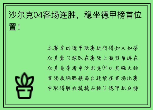 沙尔克04客场连胜，稳坐德甲榜首位置！