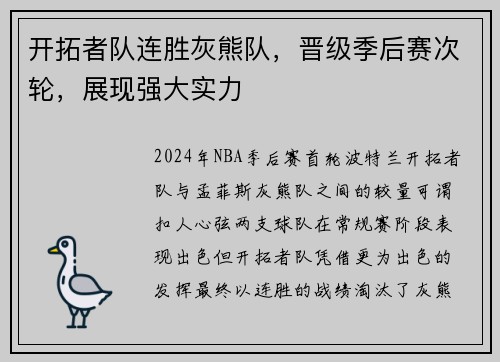 开拓者队连胜灰熊队，晋级季后赛次轮，展现强大实力